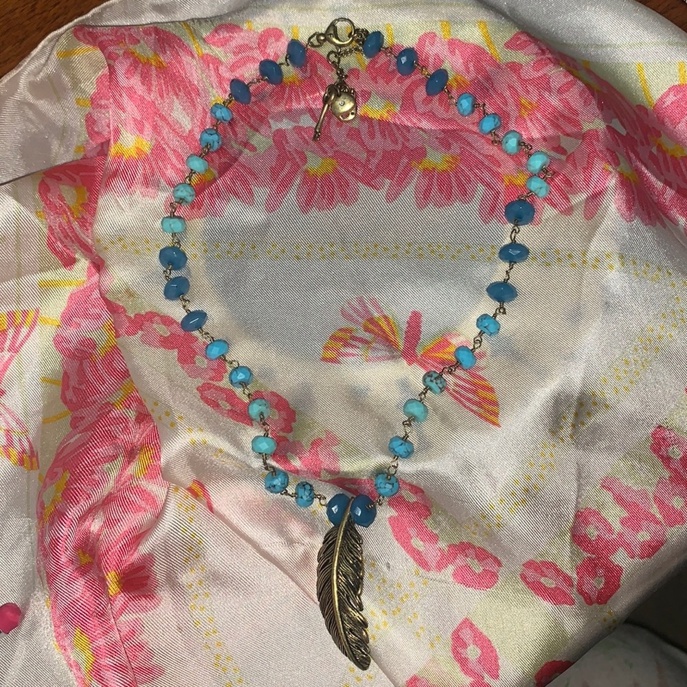 Turquoise Copper Feather Key Tribal Necklace 8 inches